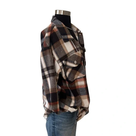 Plaid button up knit over shirt light shacket black orange M - Picture 3 of 11